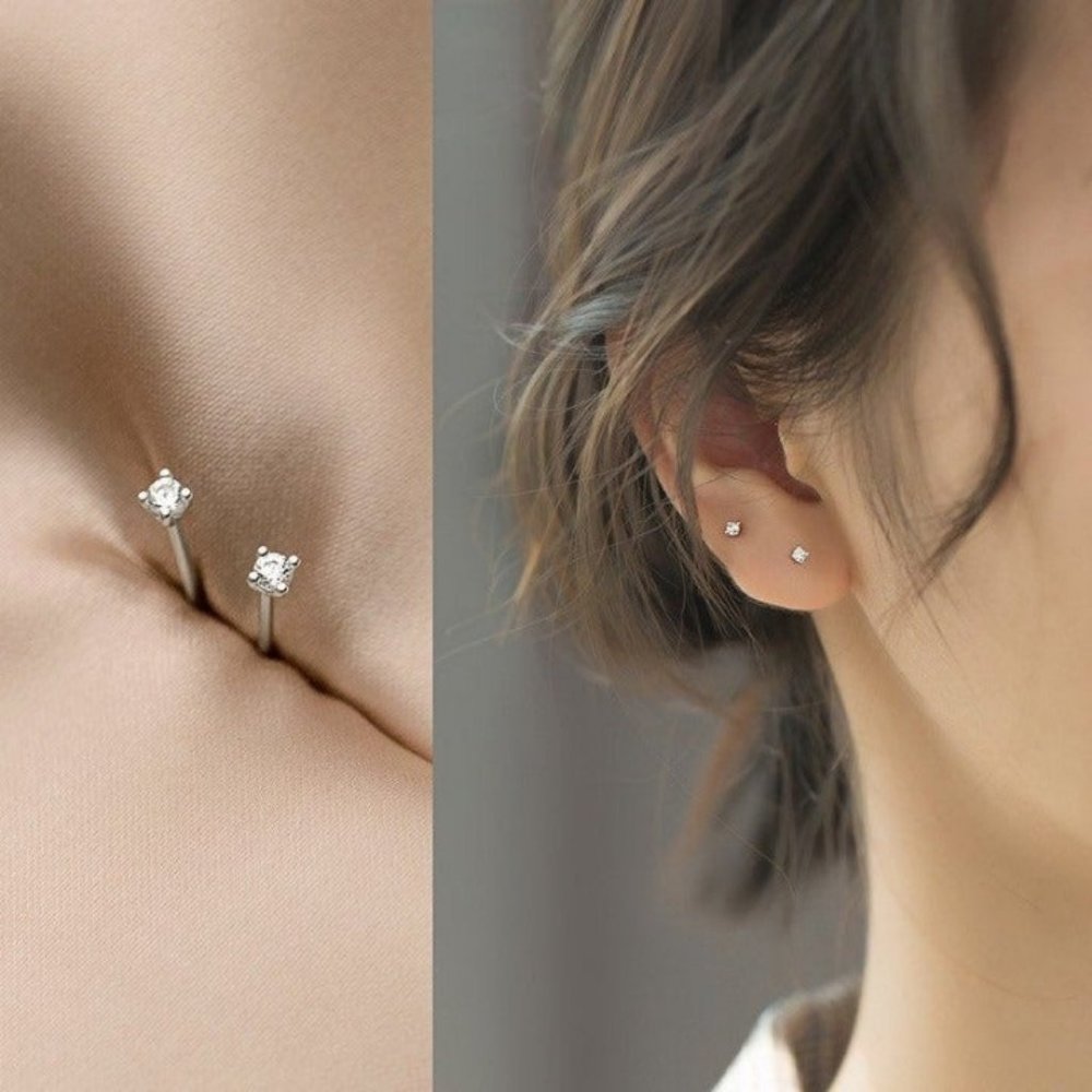 Tiny CZ Stud Earrings/Solid 925 Silver -ECZ002 Silver SS080